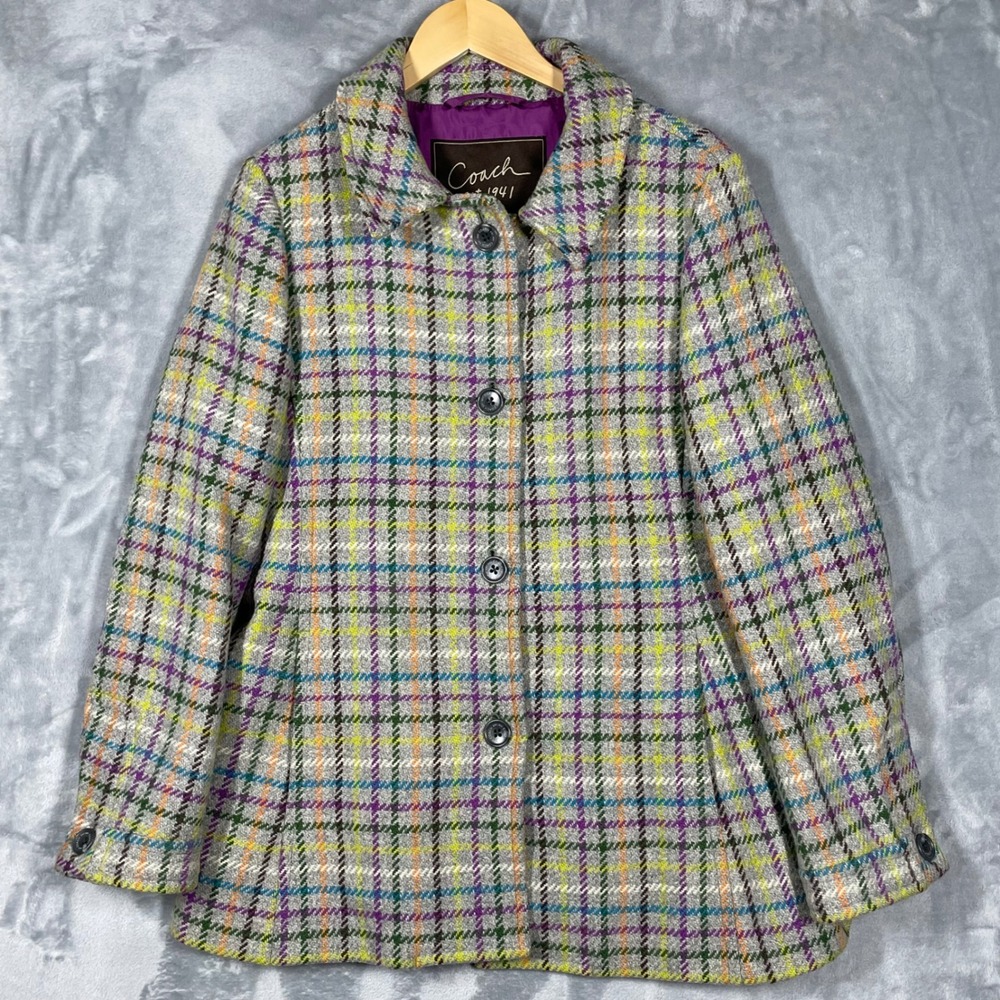 Coach 1941 Womens Grey Multi Color Plaid 100% Wool Pea Coat Jacket Size L